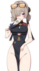 1girl absurdres black_dress breasts brown_hair china_dress chinese_clothes closed_mouth dress eyewear_on_head hand_fan highres holding holding_fan large_breasts looking_at_viewer short_hair short_twintails simple_background smile solo sunglasses sweety_(zenless_zone_zero) tinted_eyewear twintails w.k white_background yellow-tinted_eyewear zenless_zone_zero