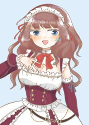 1girl :d apron arm_at_side artist_name assault_lily belt black_belt blue_background blue_eyes blush bow bowtie breasts brown_hair cleavage commentary_request detached_collar detached_sleeves dress frilled_apron frilled_dress frills fumi_(fumifumi3axl) hair_ribbon hand_on_own_chest hand_up highres jewelry kaede_johan_nouvel long_hair long_sleeves looking_at_viewer loose_belt maid maid_headdress medium_breasts o-ring o-ring_belt official_alternate_costume open_mouth red_bow red_bowtie red_dress red_ribbon ribbon ring sidelocks simple_background sleeveless sleeveless_dress smile solo two-tone_dress upper_body waist_apron wavy_hair white_dress