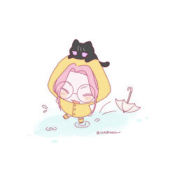 Rule 34 | 1girl, alien stage, animal, animal on head, animalization, black cat, cat, cat on head, chibi, chinese commentary, closed eyes, coldmeow, commentary request, glasses, highres, hood, hood up, mizi (alien stage), on head, purple eyes, raincoat, round eyewear, shoes, splashing, sua (alien stage), umbrella, yellow raincoat, yellow shoes