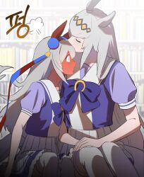 Rule 34 | 2girls, animal ears, bad id, bad twitter id, banju4040, blue eyes, blue hairband, blush, bookshelf, bow, bowtie, closed eyes, colored skin, commentary request, ear covers, feet out of frame, flustered, frilled skirt, frills, full-face blush, grey hair, hair ornament, hairband, hand on own leg, head steam, headband, highres, horse ears, horse girl, inactive account, kiss, kissing forehead, kissing hair, korean commentary, korean text, long hair, multiple girls, oguri cap (umamusume), pleated skirt, puffy short sleeves, puffy sleeves, purple bow, purple bowtie, purple shirt, red headband, red skin, sailor collar, sailor shirt, school uniform, shirt, short sleeves, sitting, skirt, sound effects, summer uniform, tamamo cross (umamusume), thighhighs, tracen school uniform, umamusume, white sailor collar, white skirt, white thighhighs, yuri