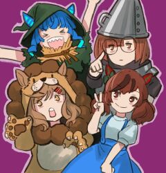 &gt;_&lt; 4girls animal_costume animal_ears aqua_hair armor arms_up blue_dress blue_hair blush_stickers brown_eyes brown_hair claws closed_mouth commentary conical_hat cosplay cowardly_lion cowardly_lion_(cosplay) dorothy_gale dorothy_gale_(cosplay) dress ear_covers ears_through_headwear glasses green_hat green_shirt hair_ornament hairclip hand_up hat highres horse_ears horse_girl ikuno_dictus_(umamusume) index_finger_raised light_brown_hair lion_costume matikane_tannhauser_(umamusume) multicolored_hair multiple_girls nice_nature_(umamusume) open_mouth outline puffy_short_sleeves puffy_sleeves purple_background purple_outline round_eyewear scarecrow_(the_wizard_of_oz) scarecrow_(twooz)_(cosplay) sharp_teeth shirt short_sleeves sidelocks sinnra_art smile streaked_hair teeth the_wizard_of_oz tin_man_(cosplay) tin_man_(the_wizard_of_oz) twin_turbo_(umamusume) twintails two-tone_hair umamusume upper_teeth_only v white_shirt yellow_eyes