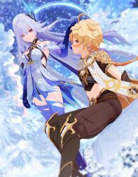 1boy 1girl absurdres aether_(genshin_impact) ahoge black_pants blonde_hair blue_sky braid braided_ponytail breast_strap breasts chest_strap cleavage closed_mouth cloud cloudy_sky crop_top dress feather_hair_ornament feathers genshin_impact hair_ornament headpat highres kurogoma_(meganegurasan) long_hair looking_at_another low_ponytail medium_breasts mikumikudance_(medium) navel pants ponytail purple_thighhighs red_eyes short_dress sitting skirk_(genshin_impact) sky smile standing strap thighhighs very_long_hair white_dress white_hair yellow_eyes