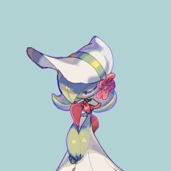 blue_background bob_cut bonnet closed_eyes colored_skin dress flower gardevoir gardevoir_(fashionable) gen_3_pokemon green_hair green_skin hair_over_one_eye hat hat_flower lowres multicolored_skin nintendo oyama_yoihaya pink_flower pokemon pokemon_(creature) pokemon_unite simple_background two-tone_skin white_dress white_hat white_skin