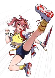 Rule 34 | 1girl, bandaid, bandaid on leg, blue shorts, bracelet, commentary, emphasis lines, facial mark, flying kick, goggles, goggles on head, hair ornament, hair scrunchie, headset, highres, holding, holding umbrella, idolmaster, idolmaster shiny colors, jacket, jewelry, kamille (vcx68), kicking, komiya kaho, looking to the side, midriff peek, navel, open mouth, pink eyes, pink hair, red jacket, red scrunchie, scrunchie, shirt, shoes, short hair, short sleeves, shorts, smile, socks, solo, twintails, umbrella, white background, white shoes, yellow shirt, yellow socks