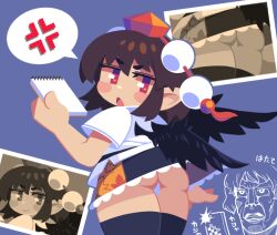 1girl anger_vein ass bird_wings black_skirt black_thighhighs black_wings blue_background blush brown_hair commentary_request cowboy_shot feathered_wings frilled_skirt frills from_behind hat holding holding_notepad looking_at_viewer looking_back microskirt multiple_views notepad open_mouth panties pantyshot photo_(object) pointy_ears pom_pom_(clothes) red_eyes shameimaru_aya shirt short_hair short_sleeves simple_background skirt spoken_anger_vein thighhighs tokin_hat tonchamon_san touhou underwear v-shaped_eyebrows white_shirt wind wind_lift wings