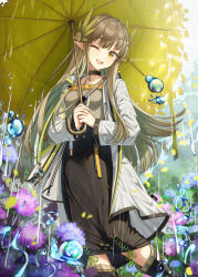 1girl arknights black_boots black_choker black_skirt boots breasts brown_eyes brown_hair choker coat commentary_request elf feet_out_of_frame field flower flower_field grey_coat grey_shirt holding holding_umbrella long_skirt looking_at_viewer muelsyse_(arknights) one_eye_closed open_clothes open_coat open_mouth outdoors pointy_ears rain shironekoban shirt skirt small_breasts solo standing twitter_username umbrella yellow_umbrella