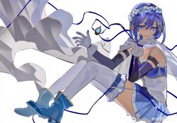 1girl absurdres armlet bare_shoulders belt belt_buckle blue_belt blue_boots blue_eyes blue_gemstone blue_hair blue_ribbon blue_shirt blue_skirt blue_sleeves boots buckle cape chinese_commentary closed_mouth collared_cape commentary_request detached_sleeves eyelashes floating_cape flower fortissimo frilled_shirt frilled_thigh_strap frills full_body gem gloves gold_buckle hair_ornament hairclip hand_on_own_chin happy head_wreath high_heel_boots high_heels highres jewelry knees_up long_sleeves magical_girl mahou_shoujo_madoka_magica mahou_shoujo_madoka_magica_(anime) miki_sayaka miniskirt musical_note musical_note_hair_ornament ouge_dz pleated_skirt ribbon shirt short_hair simple_background sitting skirt smile solo soul_gem strapless strapless_shirt thigh_belt thigh_strap thighhighs white_background white_cape white_flower white_gloves white_shirt white_thighhighs