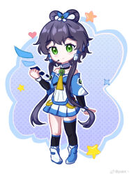 Rule 34 | 1girl, asymmetrical footwear, asymmetrical legwear, bare shoulders, black socks, black thighhighs, blue shoes, chibi, chinese commentary, detached sleeves, detached wings, full body, green eyes, grey hair, hair ornament, hair rings, highres, long hair, looking at viewer, luo tianyi, luo tianyi v3, mismatched footwear, pleated skirt, pointzhu, shoes, short hair with long locks, skirt, socks, solo, standing, thighhighs, twintails, uneven legwear, vocaloid, vsinger (vocaloid), watermark, weibo username, weibo watermark, white shoes, wings