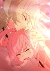 2girls \||/ absurdres ahoge blue_archive blush close-up closed_eyes closed_mouth commentary_request crying fang from_side hair_between_eyes hair_intakes headpat highres hoshino_(blue_archive) hug lens_flare light_brown_hair long_hair long_sleeves multiple_girls open_mouth outdoors oyaji_hime pink_hair profile sad see-through_body shirt skin_fang smile spoilers streaming_tears sunlight sunset tears white_shirt yume_(blue_archive)