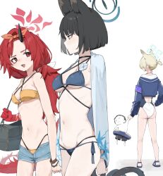 1boy 3girls absurdres animal_ears bag bikini black_hair black_horns blue_archive blue_bikini blunt_ends bob_cut breasts cat_ears criss-cross_halter denim denim_shorts distracted_boyfriend_(meme) doodle_sensei_(blue_archive) dragon_tail duffel_bag eye_contact halo halterneck highres holding holding_bag horns kanna_(blue_archive) kanna_(swimsuit)_(blue_archive) kikyou_(blue_archive) kikyou_(swimsuit)_(blue_archive) lonklink looking_at_another meme mini_person miniboy multi-strapped_bikini_bottom multiple_girls navel o-ring o-ring_bikini official_alternate_costume open_fly red_eyes red_hair renge_(blue_archive) renge_(swimsuit)_(blue_archive) sensei_(blue_archive) short_shorts shorts shoulder_bag simple_background single_horn small_breasts swimsuit tail white_background yellow_bikini