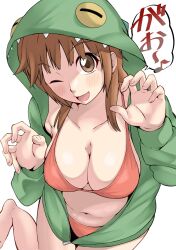 1girl amagami animal_hood bikini blush breasts brown_eyes brown_hair cleavage collarbone commentary green_hoodie highres hood hoodie jishaku_(user_rcuz2843) large_breasts looking_at_viewer medium_breasts medium_hair navel one_eye_closed open_clothes open_hoodie open_mouth paw_pose red_bikini sakurai_rihoko simple_background solo speech_bubble swimsuit translated white_background