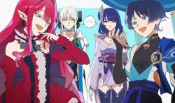 Rule 34 | ..., 1boy, 3girls, baobhan sith (fate), baobhan sith (first ascension) (fate), bare shoulders, black bow, blue background, blue eyes, blue hair, blunt bangs, bow, breasts, bridal gauntlets, choker, cleavage, clothing cutout, collarbone, commentary, crossover, detached collar, detached sleeves, dress, expressionless, fan hair ornament, fate/grand order, fate (series), feathers, flower, flower ornament, friends, genshin impact, grey hair, hair between eyes, hair bow, hair intakes, hair ornament, hand on own chin, hand up, hat, head tilt, hood, hood down, japanese clothes, jewelry, kimono, large breasts, long hair, long sleeves, looking at another, looking to the side, mocking, mole, mole under eye, morgan le fay (fate), morgan le fay (second ascension) (fate), mother and son, multiple girls, neck ribbon, off shoulder, open mouth, pendant, pointy ears, purple eyes, purple flower, purple hair, purple kimono, purple thighhighs, raiden shogun, rakugakiokba, red dress, red hair, red ribbon, red sash, ribbon, sash, scaramouche (genshin impact), shade, shadow, short hair, shoulder cutout, smug, speech bubble, standing, thighhighs, wanderer (genshin impact), wide sleeves