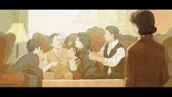 5boys black_border black_vest border brown_hair brown_shirt brown_vest chair couch cyberseaurchin highres holding lamp looking_at_another male_focus multiple_boys shirt short_hair sitting table the_message_(2020_series) vest white_sleeves