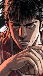 1boy basketball_uniform brown_eyes brown_hair close-up commentary_request highres looking_ahead male_focus mitsui_hisashi open_mouth red_light short_hair sideburns slam_dunk_(series) solo sportswear sweatdrop tobo_katsuo