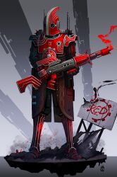 Rule 34 | absurdres, adeptus mechanicus, adeptus mechanicus (symbol), armor, art deco, artist logo, black armor, colored smoke, commentary, crossover, cyborg, embers, energy gun, english commentary, english text, gradient background, grey background, gun, highres, holding, holding gun, holding weapon, joints, logo, radio antenna, ray gun, red armor, rifle, robot joints, rubble, science fiction, sidelighting, sign, silver trim, skitarii, skull, skull print, smoke, team fortress 2, thigh strap, warhammer 40k, weapon, white trim, wolfdawg art