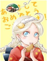 1boy 1girl 2017 ahoge alternate_costume asugi_(fire_emblem) blue_eyes braid earrings ebi_puri_(ebi-ebi) fire_emblem fire_emblem_fates hairband japanese_clothes jewelry kimono long_hair looking_at_viewer low_twin_braids low_twintails nina_(fire_emblem) nintendo parted_bangs red_kimono translation_request twin_braids twintails white_hair