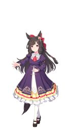 Rule 34 | 1girl, animal ears, ascot, bad link, black shoes, bow, brown hair, closed mouth, collared dress, daiichi ruby (umamusume), dress, expressionless, full body, game model, hair bow, highres, horse ears, horse girl, horse tail, juliet sleeves, lolita fashion, long hair, long sleeves, looking at viewer, mary janes, own hands together, pantyhose, pink eyes, puffy sleeves, purple dress, red ascot, shoes, solo, standing, tachi-e, tail, transparent background, umamusume, white pantyhose