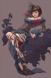 Rule 34 | 1girl, anna williams, arms behind head, black dress, black flower, black rose, bob cut, breasts, brown hair, cleavage, dress, flower, full body, funeral dress, hair flower, hair ornament, high heels, highres, light smile, rei1028, rose, short hair, tekken, tekken 7