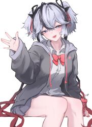1girl absurdres alternate_costume blue_eyes blush bow bowtie camellya_(wuthering_waves) collared_shirt commentary_request fingernails grey_hair grey_jacket grey_skirt highres holding_juice_box hood hood_down hooded_jacket jacket kiyokatsu_(kyktsu0908) long_sleeves looking_at_viewer multicolored_hair open_mouth red_bow red_bowtie red_pupils shirt short_hair simple_background sitting skirt smile solo streaked_hair waving white_background white_shirt wuthering_waves