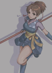 Rule 34 | 1girl, absurdres, armor, bow, bowtie, breastplate, brown eyes, brown hair, commentary request, fingerless gloves, floral print, gloves, grey background, hair ornament, hairclip, hakama, hakama skirt, highres, holding, holding weapon, japanese clothes, leg up, long hair, looking at viewer, muneate, nanase (arika), obi, parted lips, pleated skirt, polearm, ponytail, sash, shadow, shoes, short sleeves, simple background, skirt, smile, sneakers, socks, solo, street fighter, street fighter ex (series), thighs, tyanoki, weapon