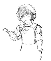 Rule 34 | 1girl, arm armor, armor, beyond citadel, bleeding, blood, breastplate, commando (the citadel), explosive, ghhvu, grenade, grenade pin in mouth, headgear, imminent death, leg armor, missing limb, monochrome, short hair, shoulder armor, sketch, soldier, solo, stick grenade, the citadel, torso