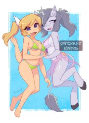 2girls :d absurdres animal_ear_fluff animal_ears bare_shoulders barefoot bikini blonde_hair blue_eyes breasts commentary commission english_commentary extra_arms fangs full_body furry furry_female green_bikini grey_fur grey_hair grey_tail highres holding_hands hooves horns long_hair multiple_girls navel nelly_(xyronii) open_mouth original ponytail purple_bikini purple_sarong sarong single_horn smile swimsuit tail xyronii