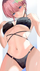 1girl absurdres alternate_costume bikini black_bikini blue_background blue_eyes blurry blurry_foreground breasts closed_mouth commentary_request cowboy_shot cross-laced_clothes depth_of_field from_below gluteal_fold go-toubun_no_hanayome gradient_background grey_background groin hair_between_eyes halterneck hands_on_own_chest head_tilt highleg highleg_bikini highres kirameki_(rikukaikuu) large_breasts looking_at_viewer looking_down nakano_ichika navel o-ring o-ring_bikini o-ring_bottom outside_border pink_hair shiny_skin short_hair single_sidelock solo standing straight_hair strap_gap sweatdrop swimsuit thighs underboob