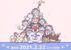 1boy :3 alolan_form alolan_meowth alolan_persian cat_day claws evolutionary_line fang forehead_jewel galarian_form galarian_meowth gen_1_pokemon gen_7_pokemon gen_8_pokemon hiroka_m meowth nanu_(pokemon) nintendo on_head on_shoulder perrserker persian pokemon pokemon_(creature) pokemon_on_arm pokemon_on_head pokemon_on_shoulder pokemon_sm sharp_teeth smile teeth too_many yarn