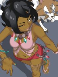 1girl black_hair bracelet dark-skinned_female dark_skin from_above full_body gen_7_pokemon green_nails grey_eyes jewelry lipstick looking_to_the_side lycanroc lycanroc_(midday) makeup midriff nail_polish navel necklace nintendo olivia_(pokemon) one_eye_closed pink_lips pokemon pokemon_sm sandals short_hair shorts smile solo toenail_polish toenails tsuichi walking