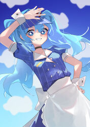 1girl absurdres alternate_costume apron arm_up black_choker blue_dress blue_eyes blue_hair blue_hat blue_sky blush bow breasts buttons choker cloud day diagonal-striped_bow double-breasted dress grin hair_between_eyes hashtag-only_commentary hat hat_bow hatsune_miku highres looking_at_viewer mesmerizer_(vocaloid) ninjyang0903 pinstripe_dress pinstripe_hat pinstripe_pattern red_bow short_sleeves sky small_breasts smile solo star-shaped_pupils star_(symbol) symbol-shaped_pupils twintails two-tone_bow vocaloid waist_apron white_apron white_bow white_wrist_cuffs wrist_cuffs