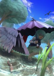 Rule 34 | 1girl, bird, blue eyes, blue hair, blue sky, blue vest, blurry, cloud, commentary request, day, depth of field, fish, garakuraku, heron, heterochromia, highres, juliet sleeves, karakasa obake, long sleeves, open mouth, outdoors, puffy sleeves, purple umbrella, red eyes, sky, smile, solo, squatting, tatara kogasa, tongue, touhou, tree, umbrella, vest, water