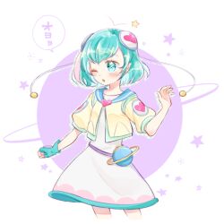 Rule 34 | 1girl, ;o, aihira (aihira12), antennae, aqua eyes, aqua hair, bag, belt, blue bag, brooch, cropped legs, dot nose, dress, drop shadow, eyelashes, fingerless gloves, gloves, hagoromo lala, hair ornament, halftone, handbag, heart, heart brooch, heart print, jacket, jewelry, light blush, one eye closed, open mouth, pink brooch, planet, planetary ring, pointy ears, precure, puffy short sleeves, puffy sleeves, purple belt, short dress, short hair, short sleeves, single fingerless glove, solo, speech bubble, standing, star-shaped pupils, star (symbol), star twinkle precure, symbol-shaped pupils, tareme, translation request, waist bag, white background, white dress, yellow jacket, yellow pupils