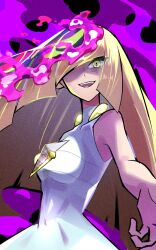 1girl :d blonde_hair dress hair_over_one_eye highres inana_umi lillie_(pokemon) long_hair looking_at_viewer lusamine_(pokemon) lusamine_fused_(pokemon) nintendo open_mouth pokemon pokemon_sm reflection shirt sleeveless sleeveless_shirt smile solo teeth transformation upper_body upper_teeth_only very_long_hair white_dress