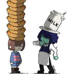 2others 7080at apron blue_hair blue_skin boots bottle brown_hair closed_eyes closed_mouth colored_skin deltarune food food_on_head frisk_(undertale) hair_between_eyes highres hot_dog kris_(dark_world)_(deltarune) kris_(deltarune) long_sleeves milk_bottle multiple_others object_on_head pants plate plate_on_head shirt shorts simple_background striped_clothes striped_sweater sweater twitter_username undertale vest waist_apron white_background