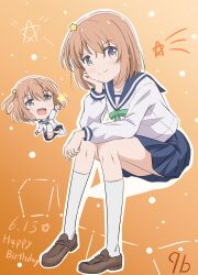1girl artist_name birthday blue_sailor_collar blue_skirt blush chibi collarbone dated dot_nose english_text female_focus full_body hair_between_eyes hair_ornament hand_on_own_face happy happy_birthday koisuru_asteroid konohata_mira legs long_sleeves looking_at_viewer multicolored_hair no_shoes orange_background orange_hair qb_(qb46311027) sailor_collar school_uniform serafuku shirt shoes shooting_star short_hair simple_background sitting skirt socks solo star_(sky) star_(symbol) star_hair_ornament thighs white_shirt white_socks