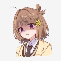 ... 1girl black_necktie brown_eyes brown_hair brown_sweater choppy_bangs collared_shirt cropped_torso disgust empty_eyes hair_intakes hair_ornament hair_rings highres jacket looking_at_viewer nagi_(yk_mk2d) necktie one_side_up open_mouth sendo_yuuhi shaded_face shirt single_hair_ring solo sweater virtual_youtuber vspo! white_background white_shirt yellow_jacket