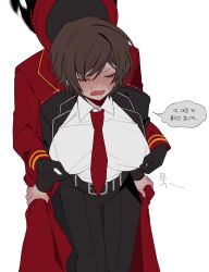 1boy 1girl belt black_gloves black_jacket black_pants blush breasts brown_hair closed_mouth coat dante_(limbus_company) dark-skinned_female dark_skin earrings facing_viewer gloves grabbing_another&#039;s_breast grabbing_from_behind groping hetero highres jacket jewelry large_breasts limbus_company long_sleeves multiple_earrings necktie nipple_stimulation nipple_tweak open_mouth outis_(project_moon) pants project_moon red_coat red_necktie shirt short_hair simple_background translation_request white_background white_shirt yippee