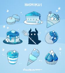 artist_name blue_background cake cake_slice cupcake dessert donut english_text food food_focus fork highres horns hoshikui ice_cream ice_cream_cone macaron moon no_humans original plate shoutarou_(shoutarotttt) simple_background sparkle star_(symbol) white_eyes