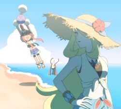 2girls :3 beach blonde_hair blue_sky cynthia_(pokemon) cynthia_(summer_2025)_(pokemon) denim denim_shorts feiyang02 flower gen_2_pokemon gen_3_pokemon hair_over_one_eye hand_on_own_hip hat hat_flower highres jumpluff looking_at_viewer milotic multiple_girls nintendo official_alternate_costume outdoors pokemon pokemon_(creature) pokemon_masters_ex red_hair shirt shorts sky skyla_(pokemon) skyla_(summer_2025)_(pokemon) straw_hat sun_hat tied_shirt