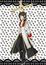 Rule 34 | 1boy, arms behind back, black coat, black pants, black shoes, blindfold, brown hair, candy, coat, commentary request, crosier, food, full body, gold trim, high priest (ragnarok online), holding, holding staff, lollipop, lollipop in mouth, long sleeves, male focus, meiko (nattu303), multicolored coat, navel, open mouth, pants, polka dot, polka dot background, ragnarok online, red coat, shoes, short hair, smile, solo, staff, standing, swirl lollipop, two-tone coat, white background, white coat