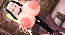 1girl 3d absurdres blonde_hair blush breasts breasts_out gigantic_breasts green_eyes highres inverted_nipples jewelry long_hair looking_at_viewer necklace nun pantyhose solo