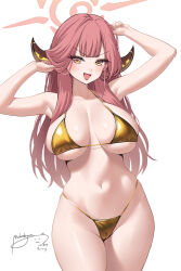 1girl :d aru_(blue_archive) bare_shoulders bikini blue_archive breasts brown_horns check_commentary cleavage collarbone commentary commentary_request cow_horns groin halo highres horns large_breasts long_hair looking_at_viewer low_horns mahou_kyuuri multicolored_horns navel open_mouth pink_hair red_halo simple_background smile solo stomach string_bikini swimsuit thighs two-tone_horns white_background yellow_bikini yellow_horns
