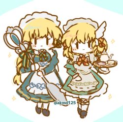 Rule 34 | 2girls, akmd125, apron, blonde hair, blue dress, blush, bow, braid, breasts, chibi, closed mouth, cup, dress, fire emblem, fire emblem: genealogy of the holy war, fire emblem: thracia 776, fire emblem: three houses, fire emblem heroes, green eyes, grey apron, hair ornament, headdress, holding, holding staff, holding tray, ingrid brandl galatea, ingrid brandl galatea (cordial teatime), long hair, long sleeves, low ponytail, lowres, maid, maid apron, maid headdress, multiple girls, nanna (cordial teatime) (fire emblem), nanna (fire emblem), nanna (tea party) (fire emblem), nintendo, official alternate costume, ponytail, smile, staff, teacup, teapot, tray, white apron, wing hair ornament