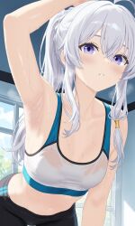1girl absurdres ahoge arm_at_side arm_up armpits black_pants blue_sky blush breasts ceiling cloud collarbone commentary cowboy_shot crossed_bangs day double-parted_bangs elaina_(majo_no_tabitabi) english_commentary gym hair_between_eyes hair_ornament hair_rings hair_scrunchie highres indoors leaning_forward lewd_chan long_bangs long_hair long_sidelocks looking_at_viewer majo_no_tabitabi medium_breasts navel pants parted_lips ponytail purple_eyes scrunchie sidelocks single_hair_ring sky solo sports_bra standing steam steaming_body stomach sunlight sweat sweaty_clothes tile_ceiling tiles tree variant_set white_hair white_scrunchie white_sports_bra window window_shadow yoga_pants