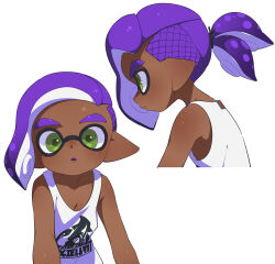 1boy absurdres colored_tongue dark-skinned_male dark_skin green_eyes highres inkling inkling_boy inkling_player_character looking_at_viewer male_focus medium_hair multiple_views nintendo parted_bangs parted_lips pointy_ears ponytail profile purple_hair purple_tongue simple_background splatoon_(series) surume01417 tank_top tentacle_hair thick_eyebrows white_background white_tank_top