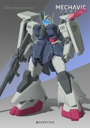 Rule 34 | arms at sides, assault visor, beam rifle, character name, clenched hand, commentary, commentary request, commission, earth federation space forces, energy gun, english commentary, full body, fusion, gm iii beam master, grey background, gun, gundam, gundam build divers, gundam zz, harryych, highres, holding, holding gun, holding weapon, mecha, mecha focus, mixed-language commentary, mobile suit, no humans, pixiv commission, purple background, robot, science fiction, shadow, solo, standing, twitter username, two-tone background, weapon, zaku iii