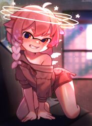1girl absurdres ahoge braid brown_shirt commentary english_commentary flat_chest freckles full_body halo heterochromia highres inkling_player_character kneeling looking_at_viewer medium_hair multiple_halos najucaju_naju nintendo orange_eyes original parted_lips pink_hair pointy_ears red_eyes sera_(avelaka11) shirt side_braid single_braid solo splatoon_(series) teeth thick_eyebrows v-shaped_eyebrows variant_set