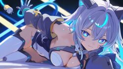 1girl ahoge android bare_shoulders blue_eyes blue_hair blue_leotard blue_sleeves breasts cleavage cleavage_cutout clothing_cutout collared_leotard colored_inner_hair commission detached_sleeves glowing glowing_hair haku_yuan head_on_hand highleg highleg_leotard highres indie_virtual_youtuber leotard long_hair looking_at_viewer lying mechanical_ears mechanical_tail medium_breasts multicolored_hair multicolored_leotard on_side outstretched_hand purple_hair second-party_source solo star-shaped_pupils star_(symbol) symbol-shaped_pupils tail thigh_gap thighhighs two-tone_leotard virtual_youtuber white_leotard white_thighhighs