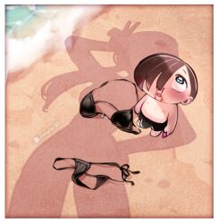 1boy 1girl beach bikini black_bikini black_shorts blood blue_eyes boku_no_kokoro_no_yabai_yatsu brown_hair bulge dressed_shadow_(meme) erection erection_under_clothes from_above hair_over_one_eye highres ichikawa_kyoutarou instagram_username lianbiglian long_hair meme nosebleed sand shadow short_hair shorts swimsuit topless_male twitter_username unworn_bikini v v_over_head yamada_anna