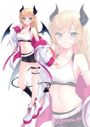 1girl bare_shoulders black_horns black_shorts black_tail black_wings blonde_hair blush bra breasts demon_girl demon_horns demon_tail demon_wings fang full_body highres hololive horns jacket large_breasts long_hair multicolored_hair off_shoulder pink_hair pointy_ears shirokumo_chromu shorts simple_background skin_fang solo_focus tail two-tone_hair underwear virtual_youtuber white_background white_bra white_jacket wings yuzuki_choco zoom_layer